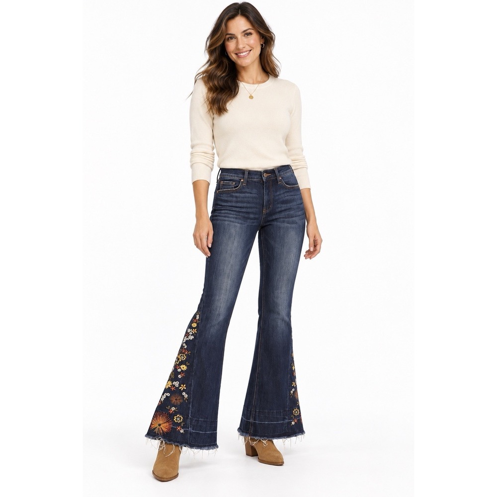 Boho Floral Embroidered Flare Jeans 29 Dark Wash 70s Boho Western Ashley Mason